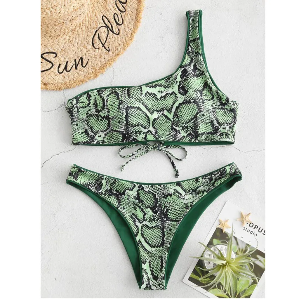 

Snakeskin one shoulder bikini Women's swimwear Two Piece Print Sexy Split Bikini Swimsuit Beachwear biquinis feminino 2019