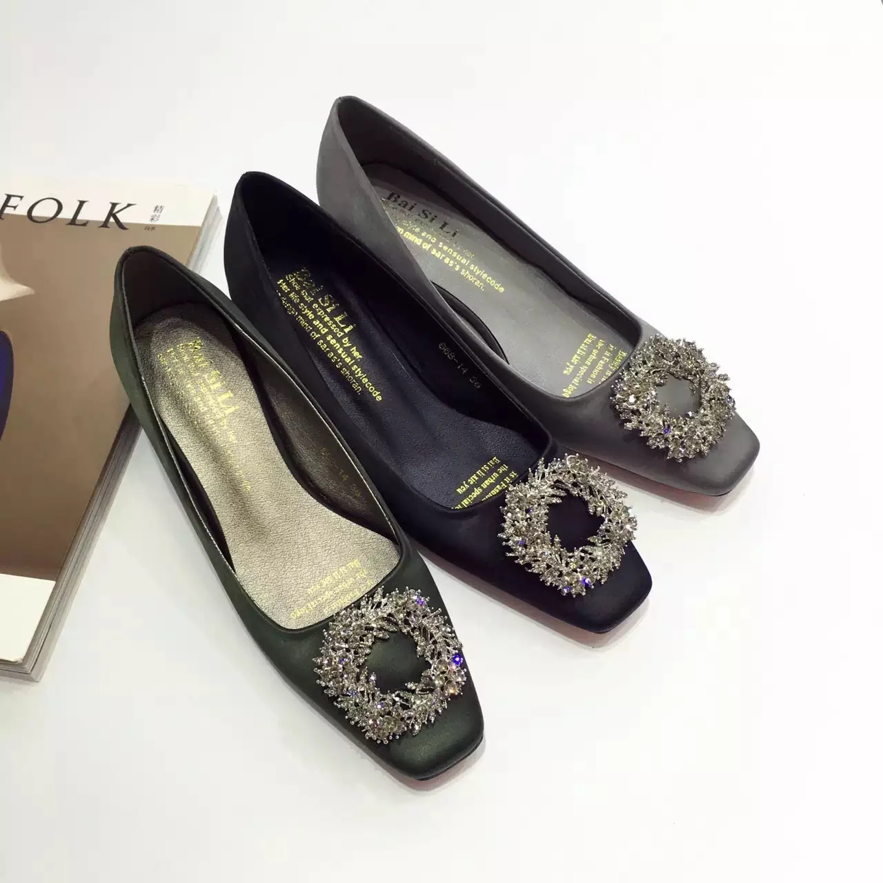 

F.N.JACK Women Pumps High Heels Shoes Mature Square Heels Shoes Work Pumps Basic Rhinestone Square Toe Shoes