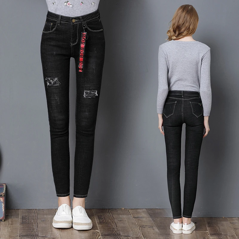 Women Solid High Waist Jeans Hole Vintage Pencil Jants Straight Jeans ...