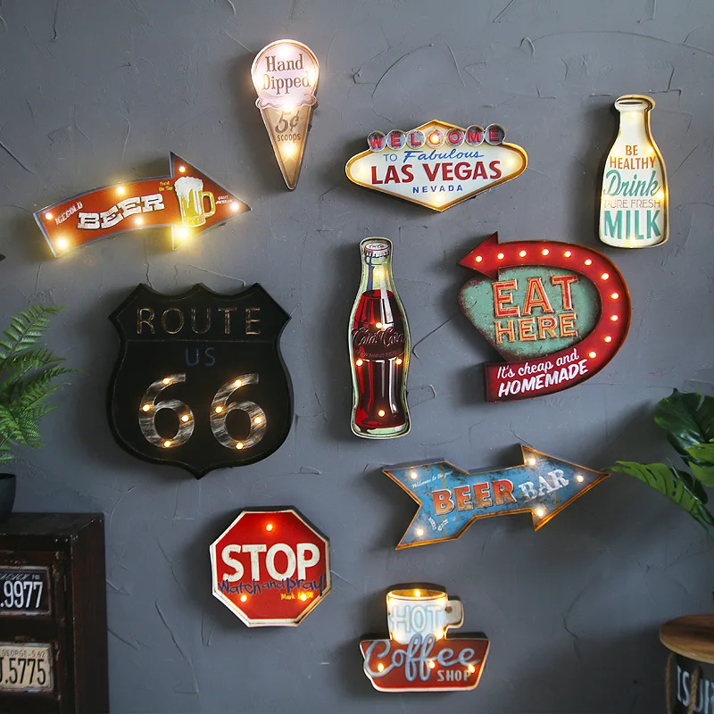 Vintage LED Light Metal Bar Sign Drink PURE MILK Hand painted Cafe Wall Decorin Plaques & Signs