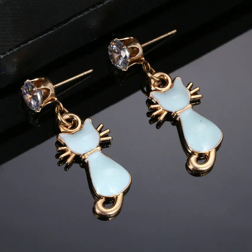 

TianBo Brand Cute Cat Gold Color Blue Oil Drip Ear Stud Earrings For Women Girls Kids Child Jewelry Anti-Allergic