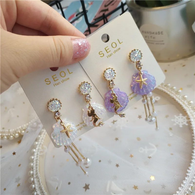 

Korea New Handmade Cute Lovely Long Pearl Chain Jelly Shell Mermaid Drop Earrings Fashion Jewelry Accessories