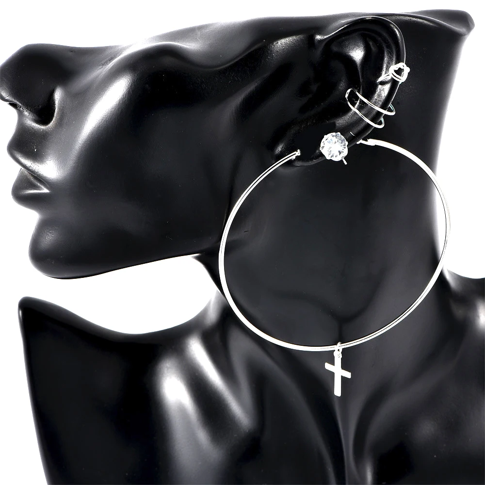 Simple Fashion Gold Crystal Cross Big Round Hollow Ring Heart Shape Earrings For Women Bohemia Vintage Drop Earrings Jewelry