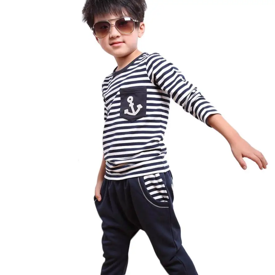 

kids hip hop clothing Boy Sets Navy Stripe Cute 2PCS Kids Set T-Shirt + Pants baby boy clothing set kids fashion vetement garcon