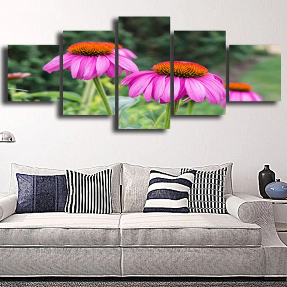 Modern Living Room Decoration Home Artworks Canvas 5 Panel Pink Flower