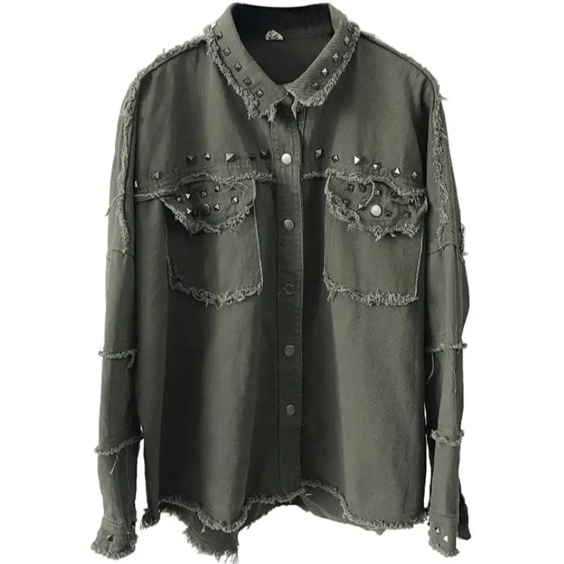 

Rivet Frayed Jean Denim Jacket Women Turn-down Collar Long Sleeve Casual Coat Outerwear