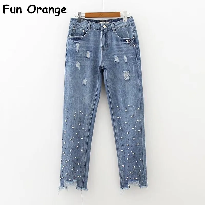 Invierno Mujeres Perlas Naranja Inferior Vaqueros Alta Diversión Mujer Azul Bolsillo Cielo Streetwear Denim 2017 Borlas Casual Cintura Pantalones 7pZd5qx