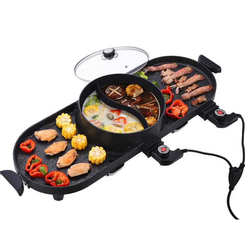

Electric Grills Griddle Household BBQ Machine Raclette with Hotpot Temperature Adjustable Smokeless barbecue Pan pot 1400W