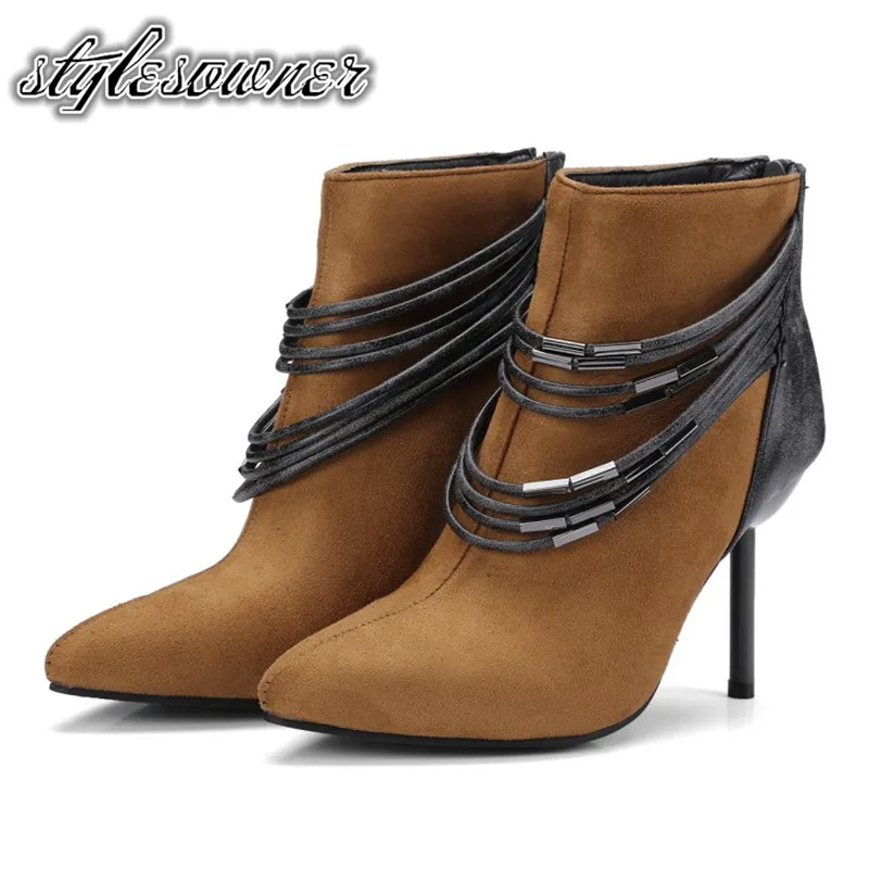 

Stylesowner Rome Style Top Design Riband Woman Ankle Boots Super High Heels Pointed Toe Solid Color Thin Heels Sexy Boots Female
