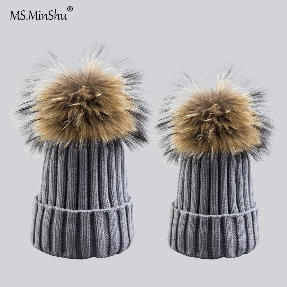 Шапка с меховым помпоном, меховая шапка для родителей и ребенка, шапка с меховым помпоном из лисьего меха, зимние шапки с натуральным мехом, шапка с помпоном, MS. MinShu