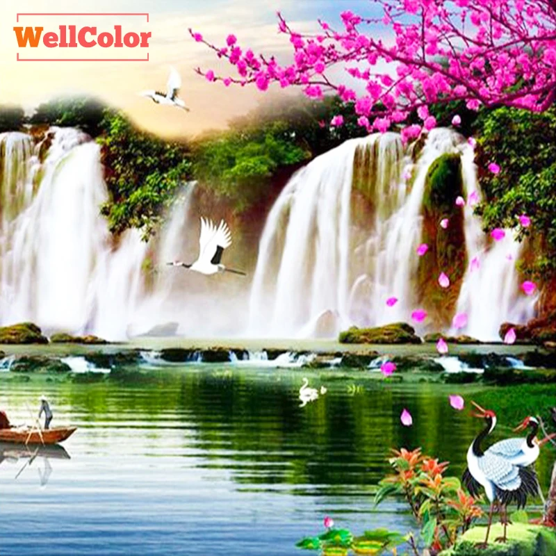 

WELLCOLOR DIY 5D Diamond Embroidery waterfall pulm crane Diamond painting 3D mosaic crystal Mazayka landscape Natural scenery