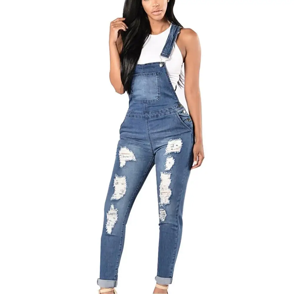 

2019 Womens Jeans Jumpsuit Female Denim Overalls summer Casual Basic Denim Pants Large Size Ripped Hole Pants Jeans BD