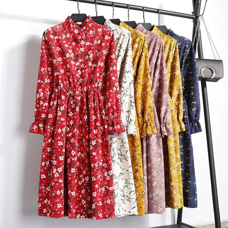 

Vintage Mori Girl Corduroy Midi Dress Stand Collar Print Long-Sleeved Vestidos Femininos Elegant Sweet A-Line Women Dresses