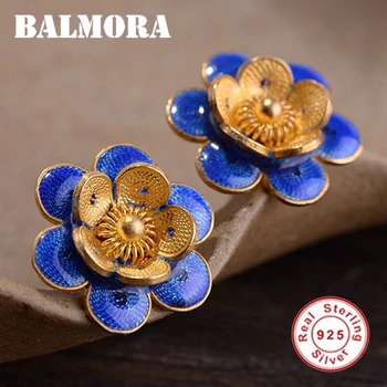 

BALMORA 100% Real 925 Sterling Silver Gold Plating Process Flower Stud Earrings for Women Gift cloisonné-style Jewelry JP0016-20
