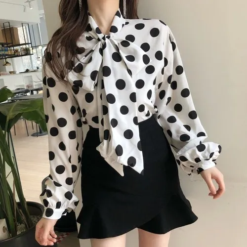 

Shirts Women Fall 2019 Korean Fashion Vintage Polka Dot Bow Collar Lantern Sleeve Chiffon Blouse Ladies Tops Black White T310