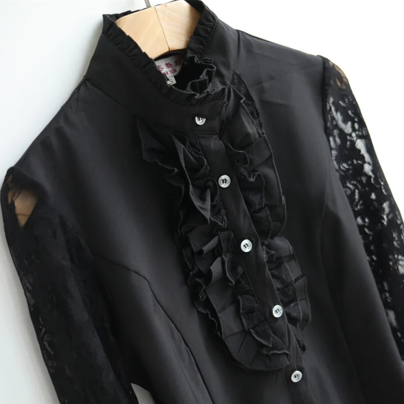  Women's Chiffon Lace Blouse Long Sleeve Ruffles Shirt Chiffon Tops New Spring