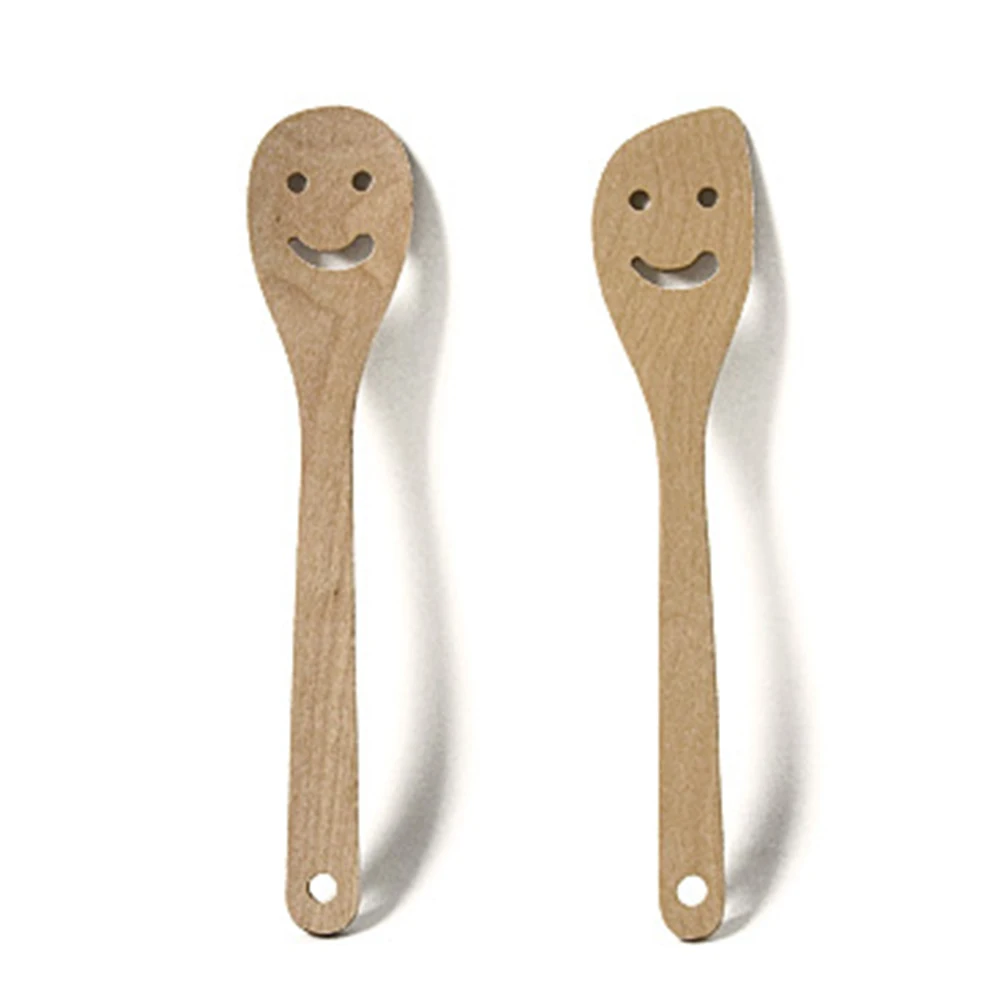 

2PCS Tool Cute Non-stick Gift Cooking Handheld Wooden Spoon Salad Smiling Face Tableware Home Solid Cut Kitchen Utensil