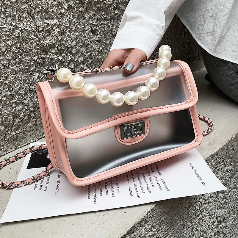 

High quality spring summer transparent pvc small satchels gold chain pearl beading clutch ladies tote designer shoulder bag 2019