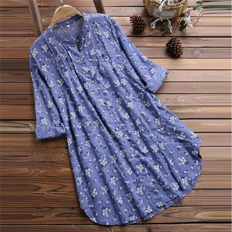 

Large Size Bohemian Style Women's Long Sleeve Long Shirt Loose Printed Curved Hem High Collar Draped Button Shirt Sizes M-3XL