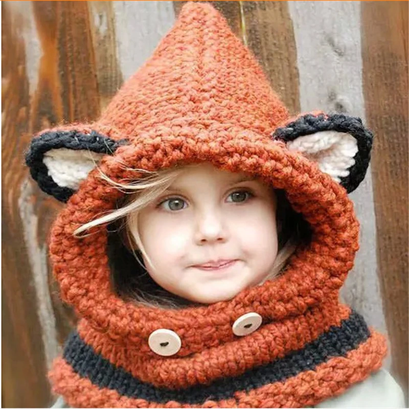 

2017 Fox Hooded Scarf Hats Beanies Handmade Crochet Winter Neck Warmer Wrap Cute Children Animal Caps Boys Girls Cool Gifts