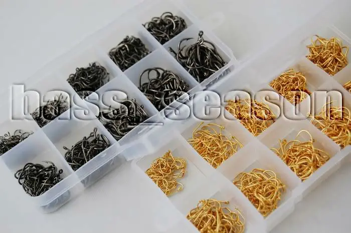 

1000 Pcs 10 Different Sizes 2 Colors Fishing Hooks Plastic Box