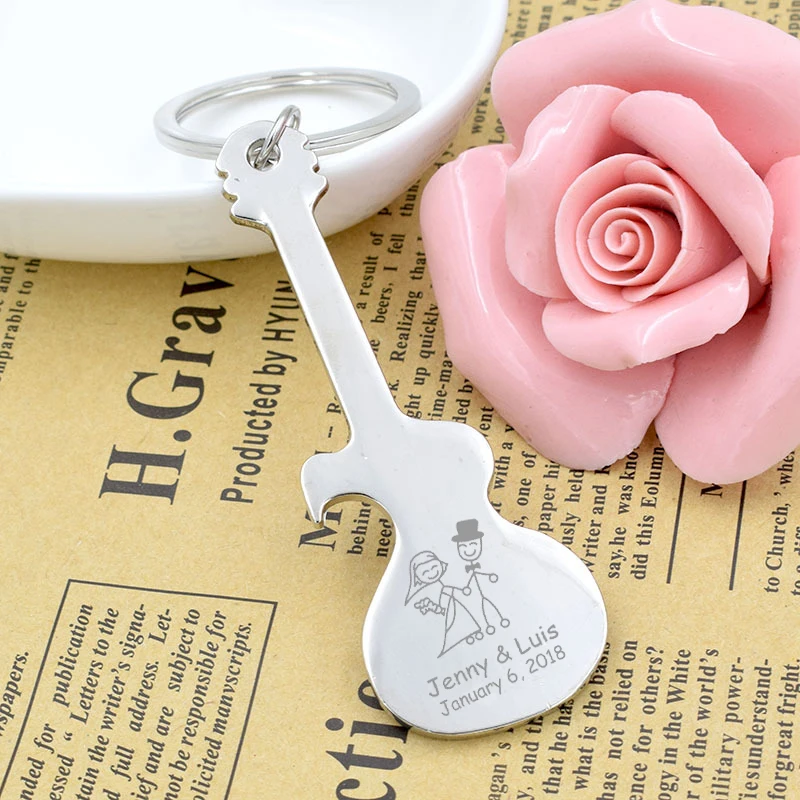 

50x Guitar Shape Beer Bottle Opener Metal Keychain Personalized Wedding Favor Gift Custom Engraved Silver Key Ring Bottle Opener