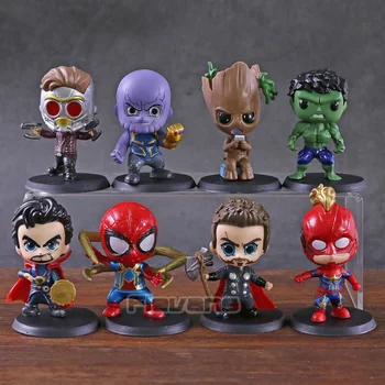 

Avengers Endgame Thanos Captain Marvel Hulk Spiderman Doctor Strange Thor Star Lord Tree Man Q Version PVC Figures Toys 8pcs/set