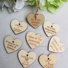 100 pcs Personalized custom Engraved wedding name and date Love Heart wooden Gift Tags+Jute String 40mm*37mm