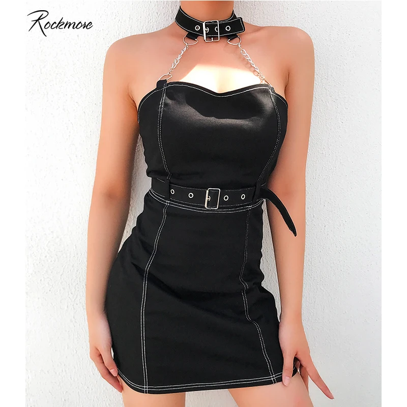 

Rockmore Bodycon Gothic Punk Style Denim Mini Dress Women Chain Halter Buckle Bow Belt Tight Sexy Party Dresses Femme Streetwear