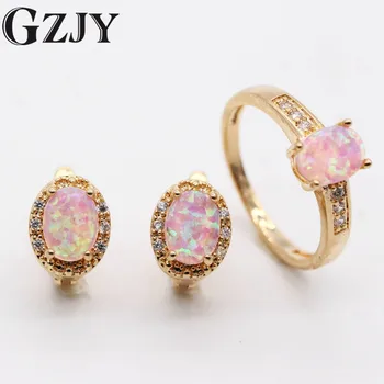 

GZJY Beautiful Jewelry Set Oval Pink Fire Opal Champagne Gold Color Zircon Ring Earrings Set For Women Wedding Anniversary Gift