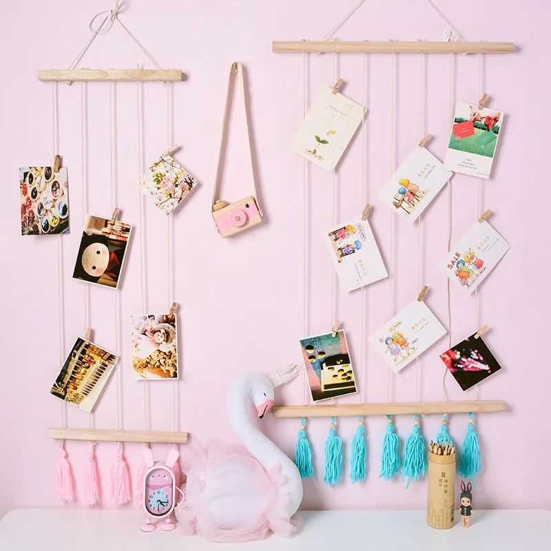 

Nordic DIY Wooden Storage Rack Creative Wall Hanging Multifunction Photos Postcard Display Home Decorative Wood Linen Rope Shelf