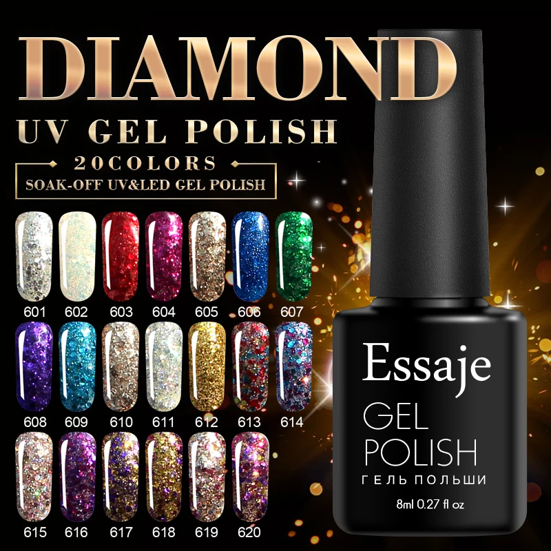 Essaje 8ML Base and Top Gel Varnish 3D Diamond Glitter UV Nail Gel Polish Led Lacquer Lucky Bling Soak Off Sequin Nail Art