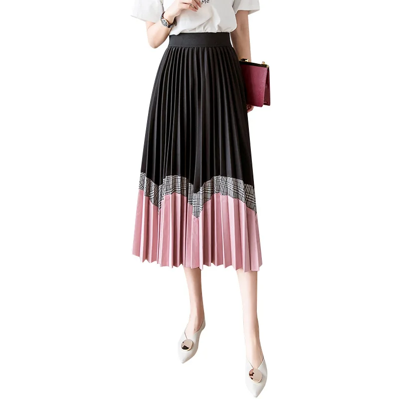 

2019 High Street Fashion Skirts Womens Elastic High Waist Contrast Color Plaid Checked Patchwork Midi Pleated Skirt High Quality