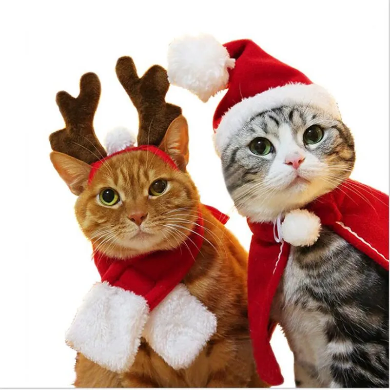 Рождественские костюмы для кошек, разные размеры, плащи, мантия, шляпа с рогом, комплект одежды, одежда для домашних животных, куклы, рождественский товар для кошек, маленьких собак