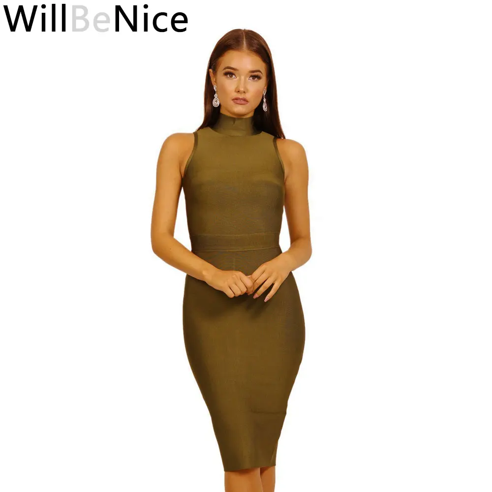 

WillBeNice 2019 Army Green Wholesale Sleeveless High Neck Women's Knee Length Split Party Bandage Dress Celebrity Bodycon Dress