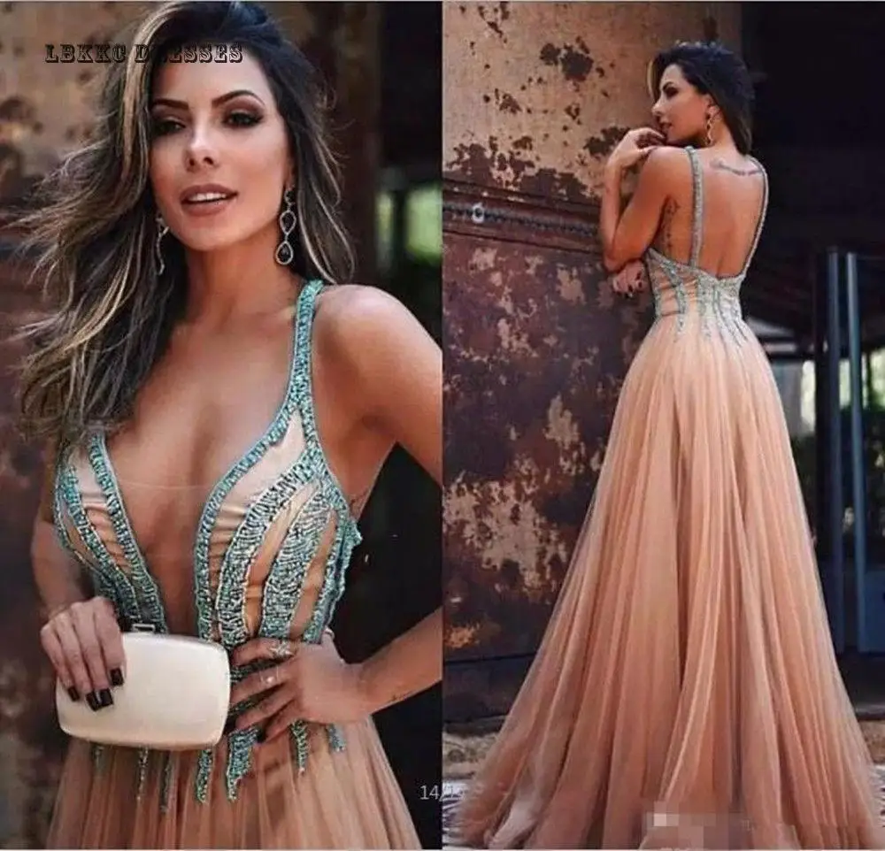 

Sexy A-line V-neck Beading Champagne Evening Dresses Long Prom Dresses Formal Evening Party Gown Custom Made Robe De Soiree
