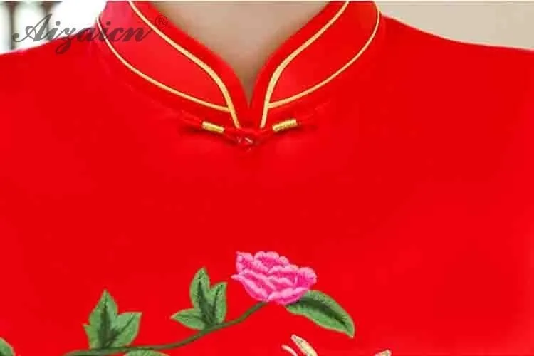 Новый Поддельные Шелковый Cheongsam Длинные красные Qipao платье в традиционном китайском стиле платья для женщин Orientale Винтаж невесты туалетный