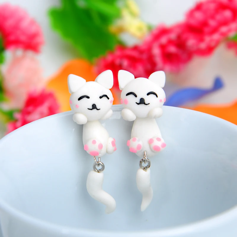 Fashion New DIY Lovely Cute Handmade Polymer Clay Cat Stud Earrings For