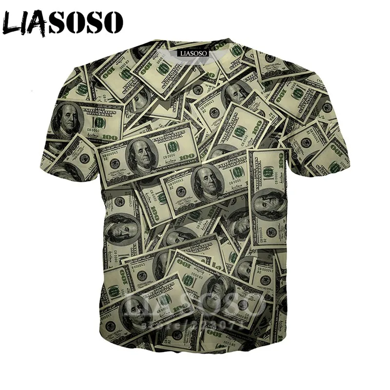 

LIASOSO Summer New Men Women Sweatshirt 3D Print Banknote Dollar T Shirt Fashion Loose Short Sleeve Top Harajuku Pullover B085-5