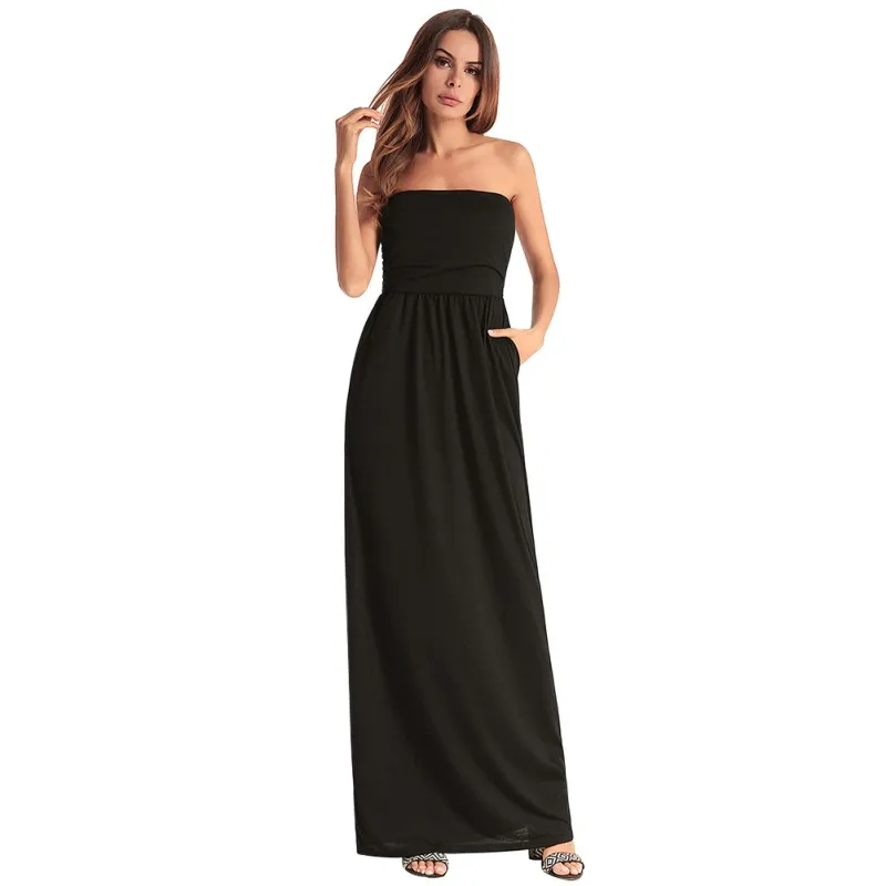 

JLONG 2018 Women Summer Long Dress Fashion Elegant Sexy Solid Strapless Maxi Dresses With Pockets z1