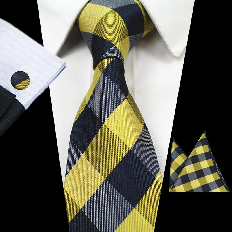 Ricnais New Fashion Plaid Tie Set 100% Silk Jacquard Men Necktie Gravata Hanky Cufflinks Set Pocket Square Mens Tie for Wedding