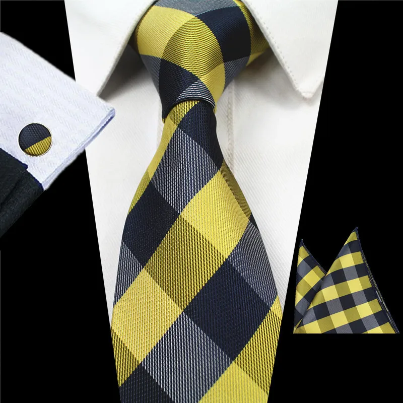 

Ricnais New Fashion Plaid Tie Set 100% Silk Jacquard Men Necktie Gravata Hanky Cufflinks Set Pocket Square Mens Tie for Wedding