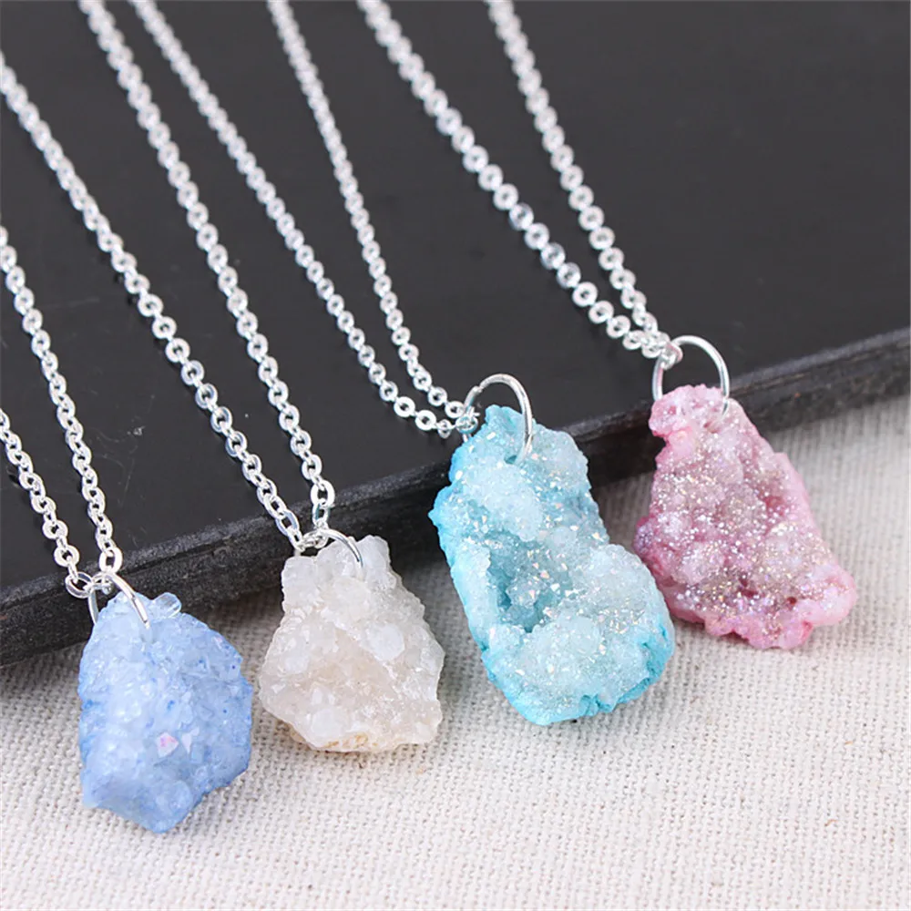 

Quartz Necklace Natural Druzy Agates Natural Stone Slice Crystal Pendant Chain Necklace Fashion Jewelry With Chain
