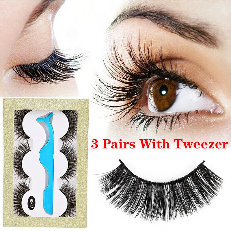 

3 Pairs Handmade False Eyelashes Natural Long Thick Fake Eye Lashes Extension Makeup Eyelash Set with Tweezers
