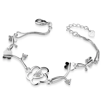 

Beautiful elegant flower bracelet 100% 925 Sterling Silver Sparkling Strand Bracelet Women Link Tennis Bracelet Silver Jewelry