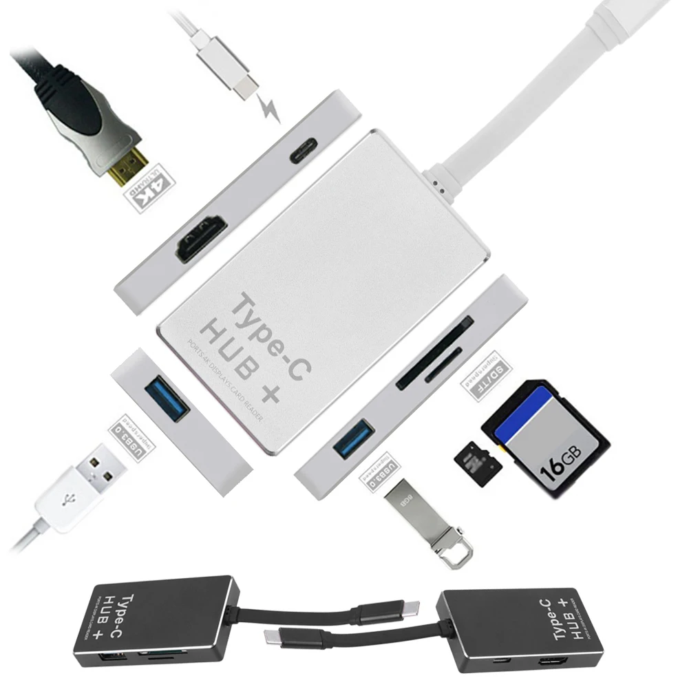 7 в 1 USB-C концентратор с Тип c Мощность зарядки 4 К HDMI видео Дисплей SD/HC /TF Card Reader USB 3.0 хаб для MacBook Pro