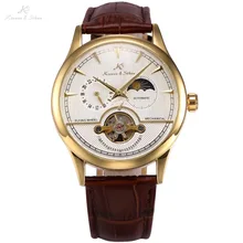 KS 24 Hours Self Winding White Golden Relogio Leather Strap Analog Moon Sun Automatic Casual Men