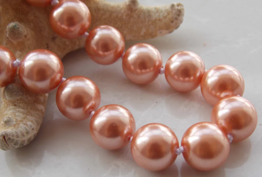 

Free Shipping >>10mm Orange South Sea Shell Pearl Round Beads Necklace 18'' F-17