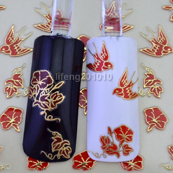 

Wholesale Hot stamping Red Swallow Flowers 3D Nail Art Stickers Decals Decoration RTJ039# 5Sheets/lot Retail Package
