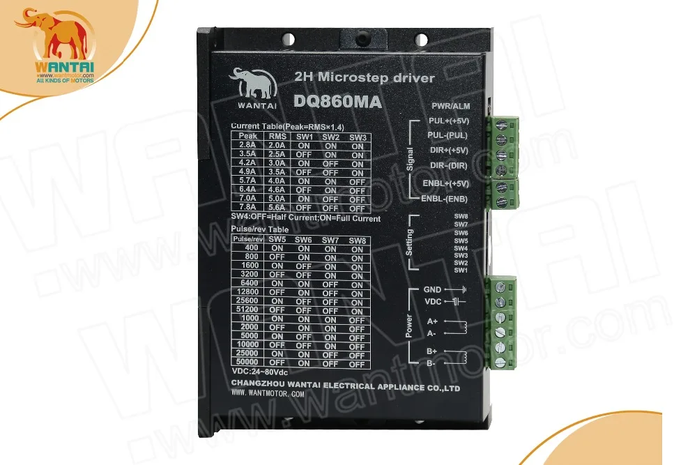 

Wantai CNC Stepper Motor Driver 80VDC/7.8A/256Microstep,DSP code, for Nema 34 motors, Ship Worldwide, CE, RoHS,DQ860MA